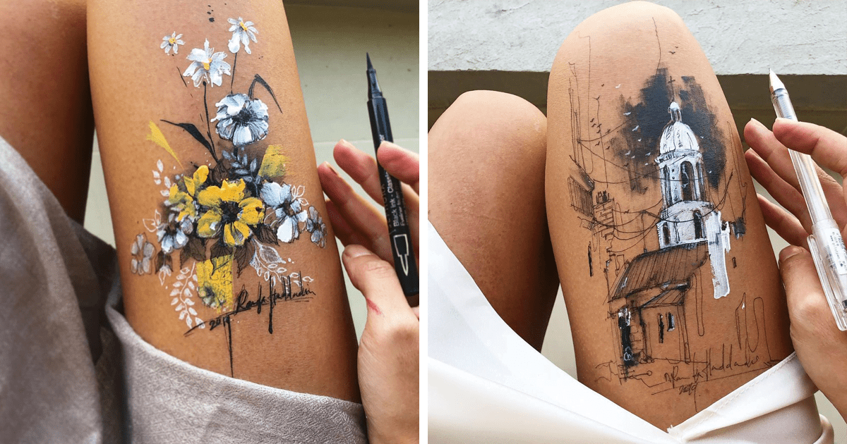 Read more about the article Artystka używa własnych ud jako płótna i za pomocą tuszu tworzy wspaniałe rysunki (30 zdjęć)